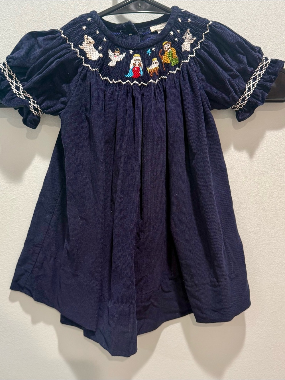 Girls Navy Smocked Corduroy Dress with Nativity Motif